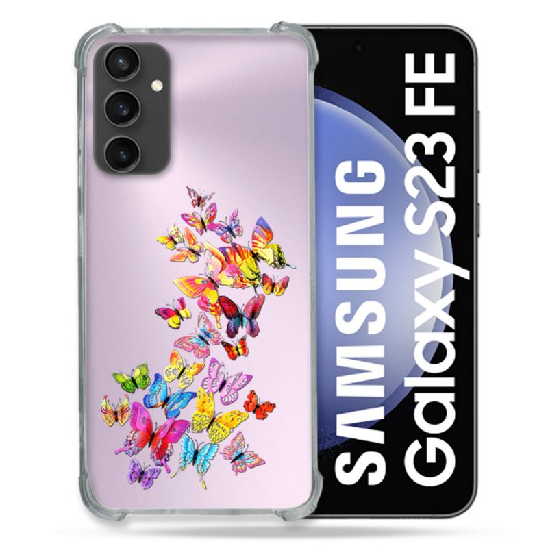 Coque Renforcée En Verre Trempé Transparent PourSamsung Galaxy S23 FE Papillon Multicolore
