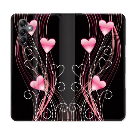 Housse Cuir Portefeuille Pour Samsung Galaxy A25 5G Amour Coeur Rose Montant sur Noir