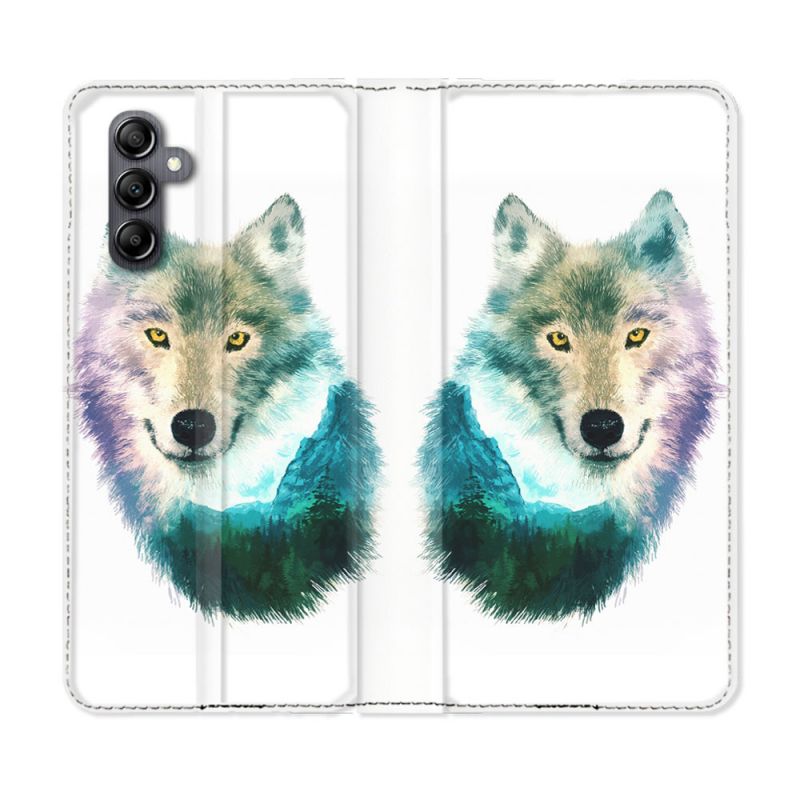 Housse Cuir Portefeuille Pour Samsung Galaxy A05S Animal Loup Montagne