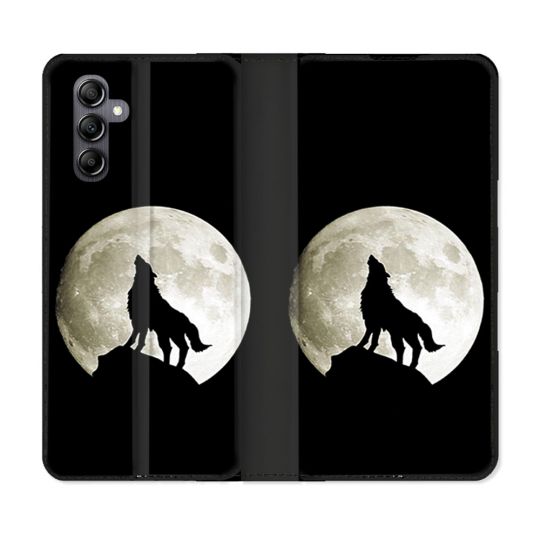 Housse Cuir Portefeuille Pour Samsung Galaxy A05S Animal Loup Noir