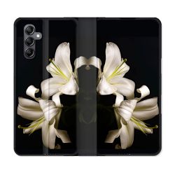 Housse Cuir Portefeuille Pour Samsung Galaxy A05S Fleur Lys Noir