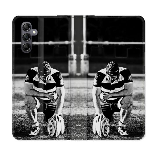 Housse Cuir Portefeuille Pour Samsung Galaxy A25 5G Sport Rugby Noir Blanc