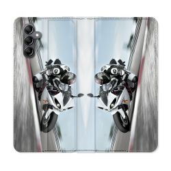Housse Cuir Portefeuille Pour Samsung Galaxy A05S Moto Course GP Blanche