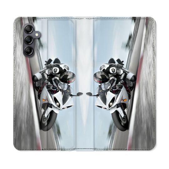 Housse Cuir Portefeuille Pour Samsung Galaxy A05S Moto Course GP Blanche