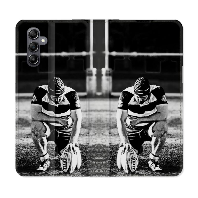 Housse Cuir Portefeuille Pour Samsung Galaxy A05S Sport Rugby Noir Blanc