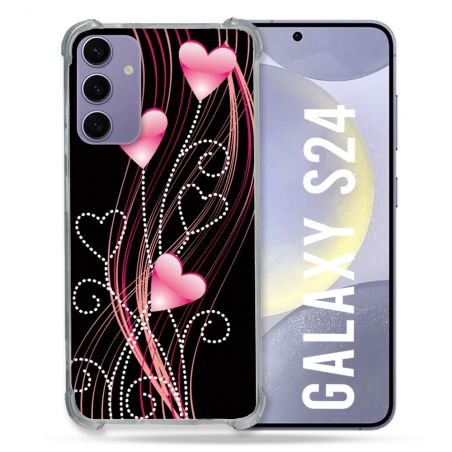 Coque Renforcée En Verre Trempé Pour Samsung Galaxy S24 Amour Coeur Rose Montant sur Noir