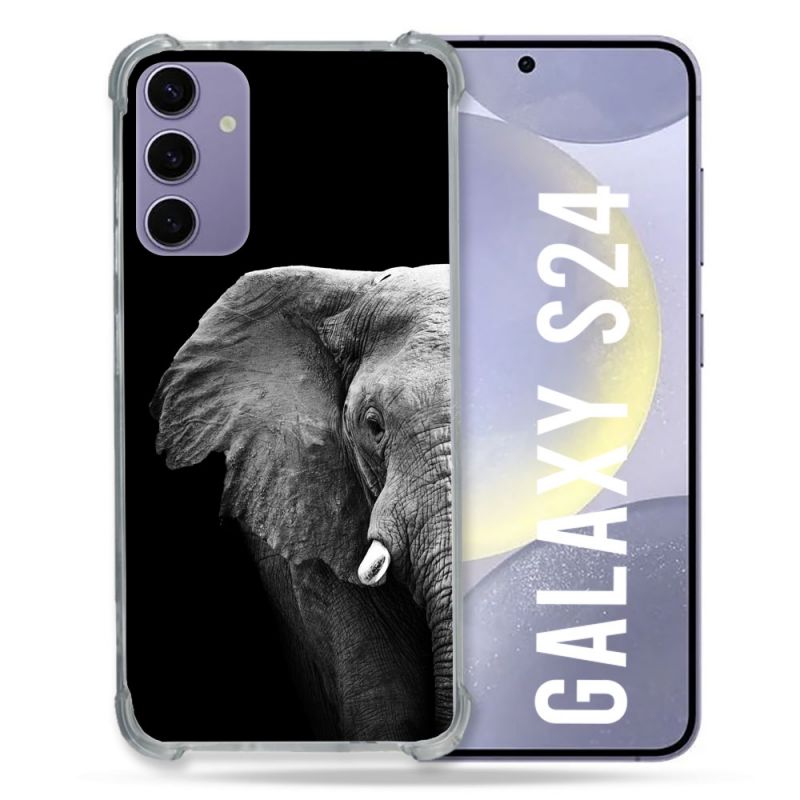 Coque Renforcée En Verre Trempé Pour Samsung Galaxy S24 Animal Elephant Noir