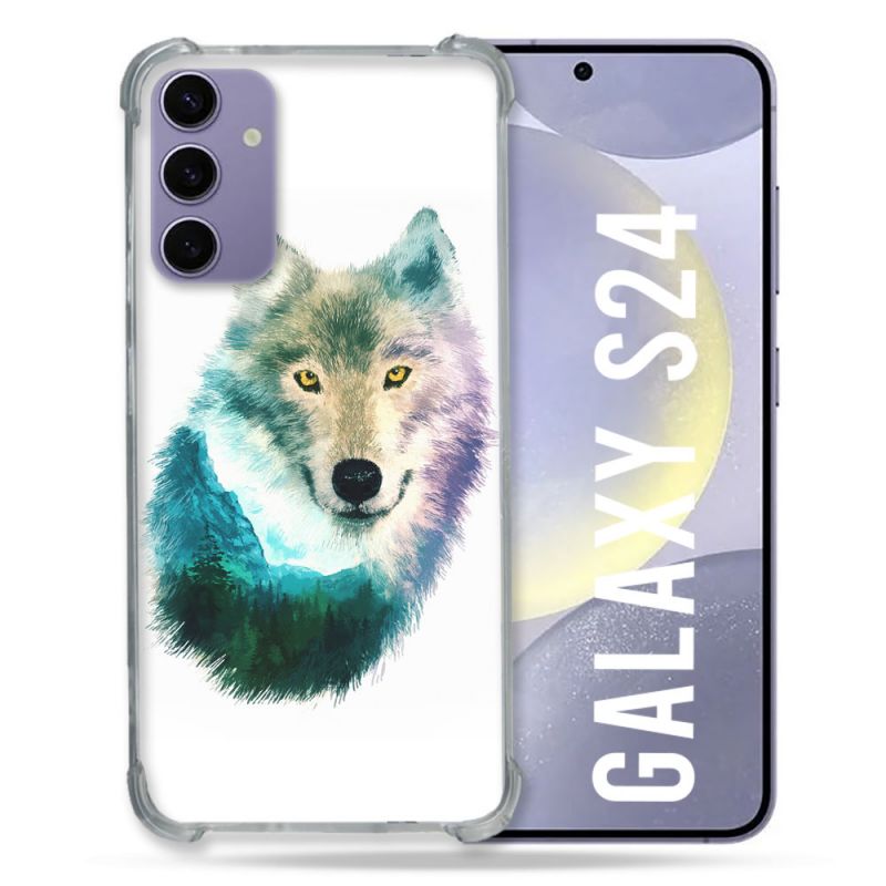 Coque Renforcée En Verre Trempé Pour Samsung Galaxy S24 Animal Loup Montagne