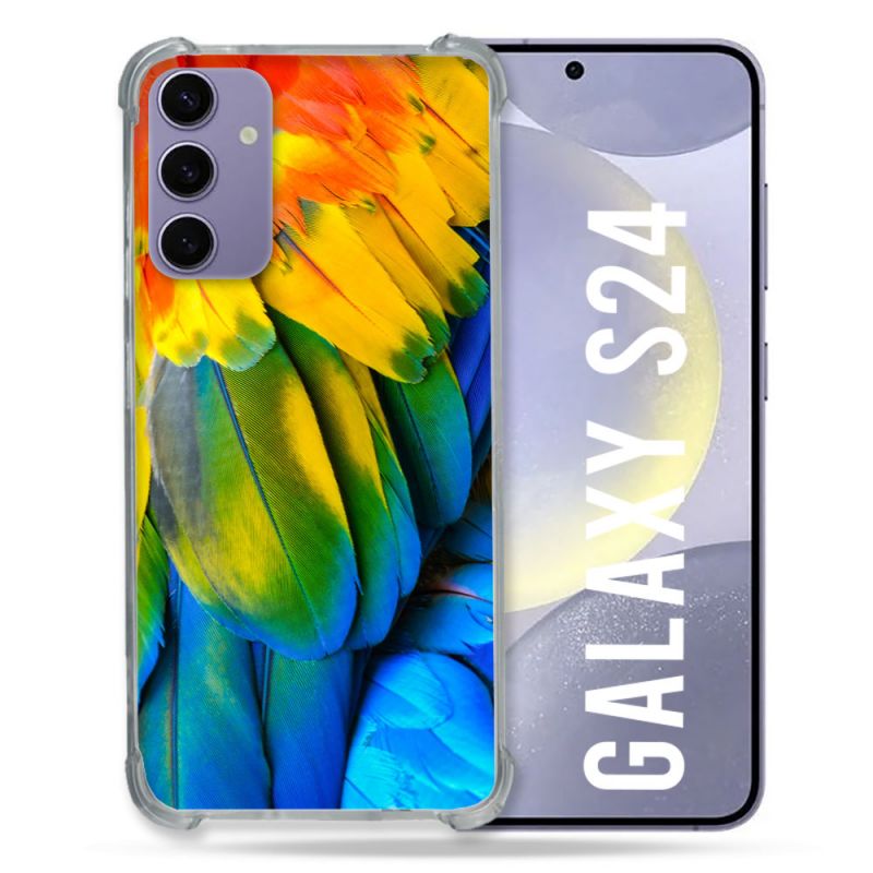 Coque Renforcée En Verre Trempé Pour Samsung Galaxy S24 Animal Perroquet Plume