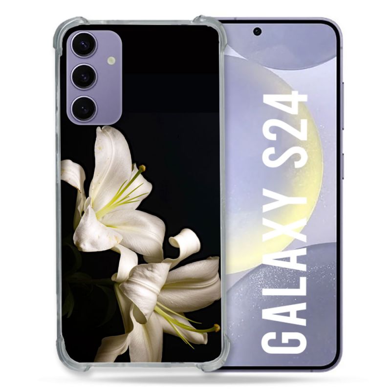 Coque Renforcée En Verre Trempé Pour Samsung Galaxy S24 Fleur Lys Noir