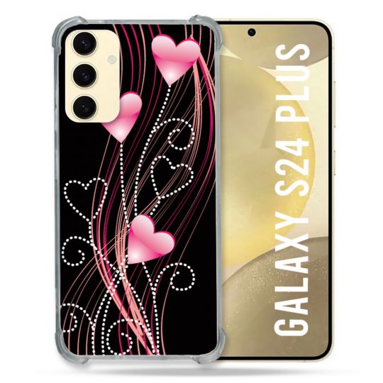 Coque Renforcée En Verre Trempé Pour Samsung Galaxy S24 Plus Amour Coeur Rose Montant sur Noir