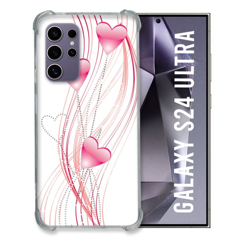 Coque Renforcée En Verre Trempé Pour Samsung Galaxy S24 Ultra Amour Coeur Rose Montant sur Blanc