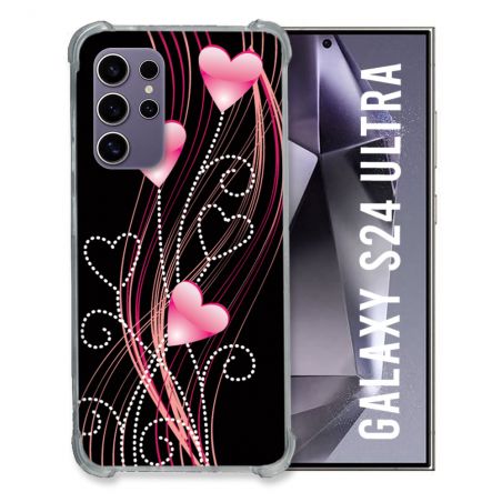 Coque Renforcée En Verre Trempé Pour Samsung Galaxy S24 Ultra Amour Coeur Rose Montant sur Noir