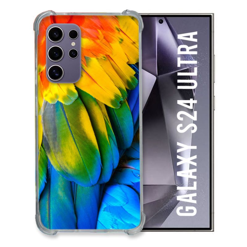Coque Renforcée En Verre Trempé Pour Samsung Galaxy S24 Ultra Animal Perroquet Plume