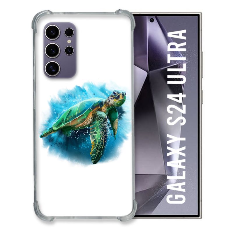 Coque Renforcée En Verre Trempé Pour Samsung Galaxy S24 Ultra Animal Tortue Blanche multicolore