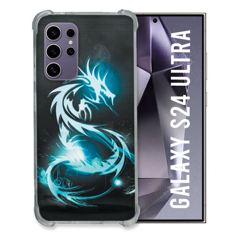 Coque Renforcée En Verre Trempé Pour Samsung Galaxy S24 Ultra Fantastique Dragon Bleu