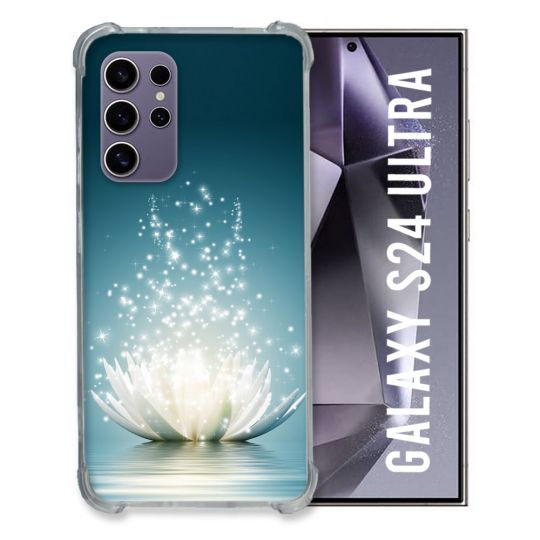 Coque Renforcée En Verre Trempé Pour Samsung Galaxy S24 Ultra Fleur Lotus Blanc