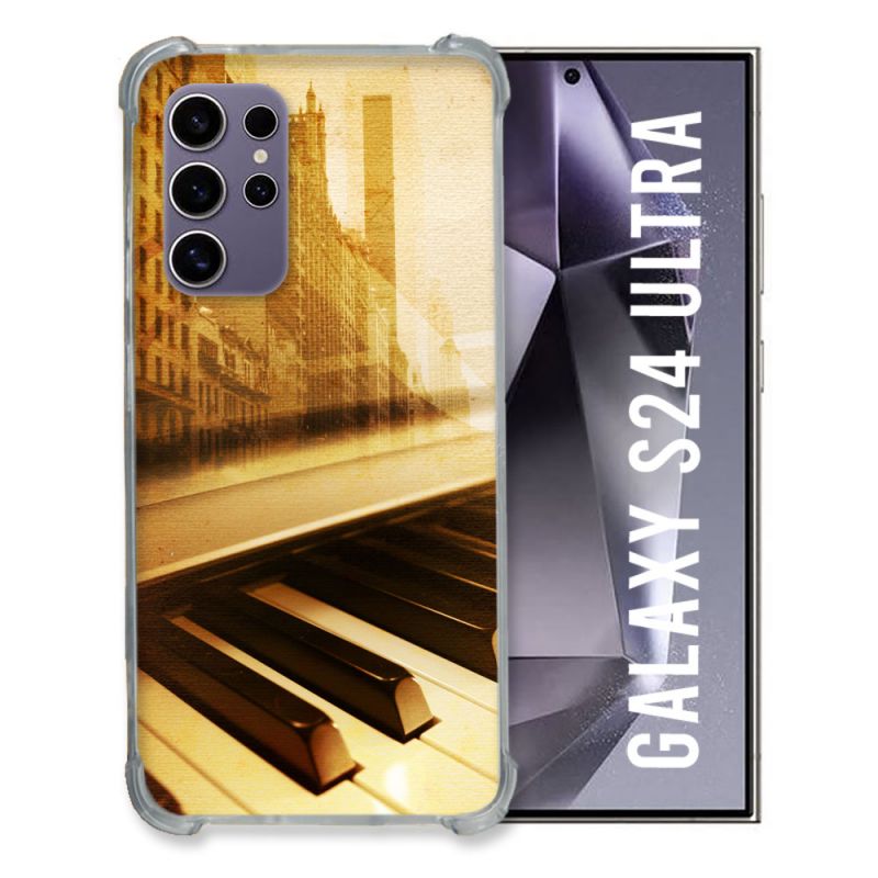 Coque Renforcée En Verre Trempé Pour Samsung Galaxy S24 Ultra Musique Piano Retro