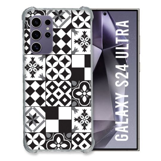 Coque Renforcée En Verre Trempé Pour Samsung Galaxy S24 Ultra Texture Carreau Ciment Noir