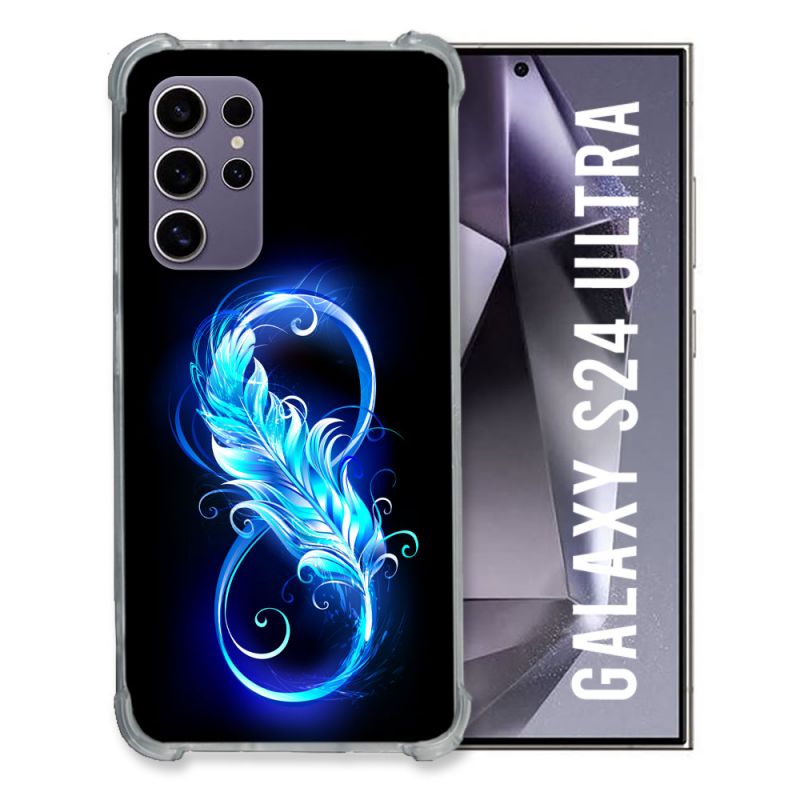 Coque Renforcée En Verre Trempé Pour Samsung Galaxy S24 Ultra Texture Plume Infini Bleu