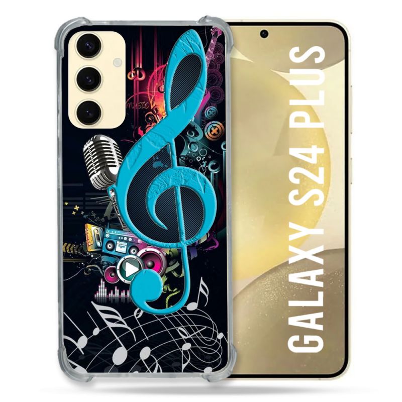 Coque Renforcée En Verre Trempé Pour Samsung Galaxy S24 Plus Musique Cle Sol Bleu