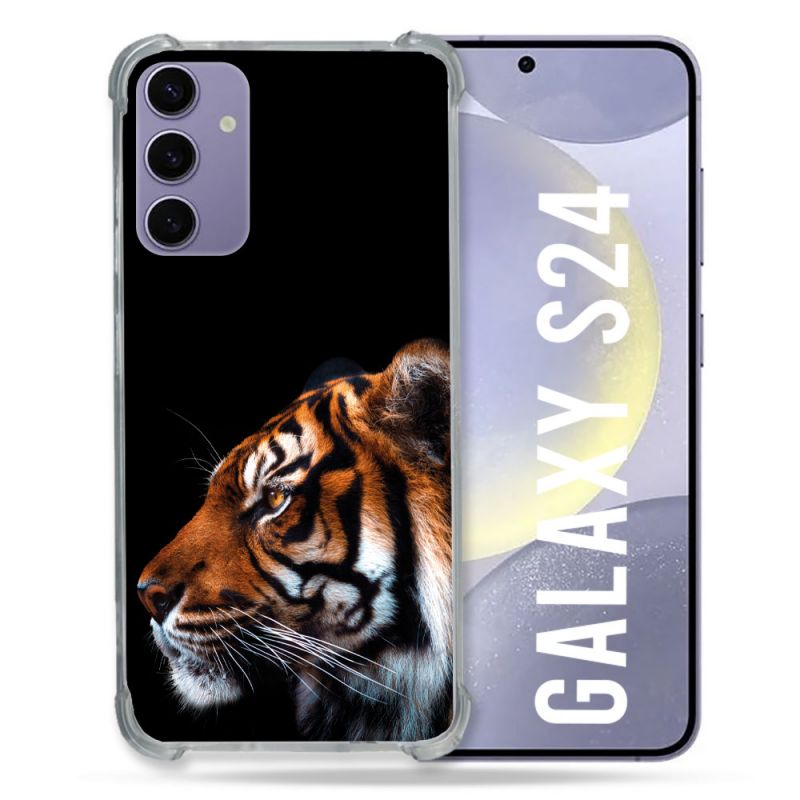 Coque Renforcée En Verre Trempé Compatible Magsafe Pour Samsung Galaxy S24 Animal Tigre Noir