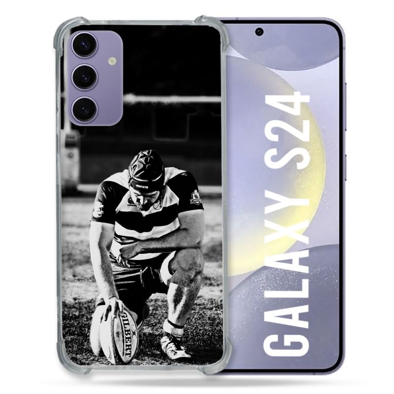 Coque Renforcée En Verre Trempé Compatible Magsafe Pour Samsung Galaxy S24 Sport Rugby Noir Blanc