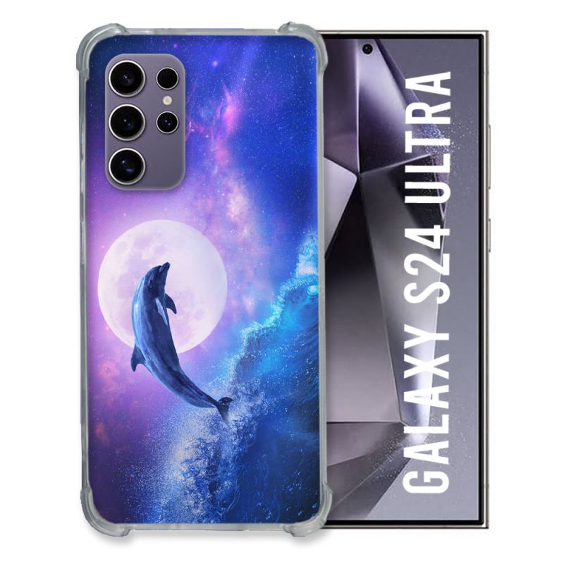 Coque Renforcée En Verre Trempé Compatible Magsafe Pour Samsung Galaxy S24 Ultra Animal Dauphin Vague