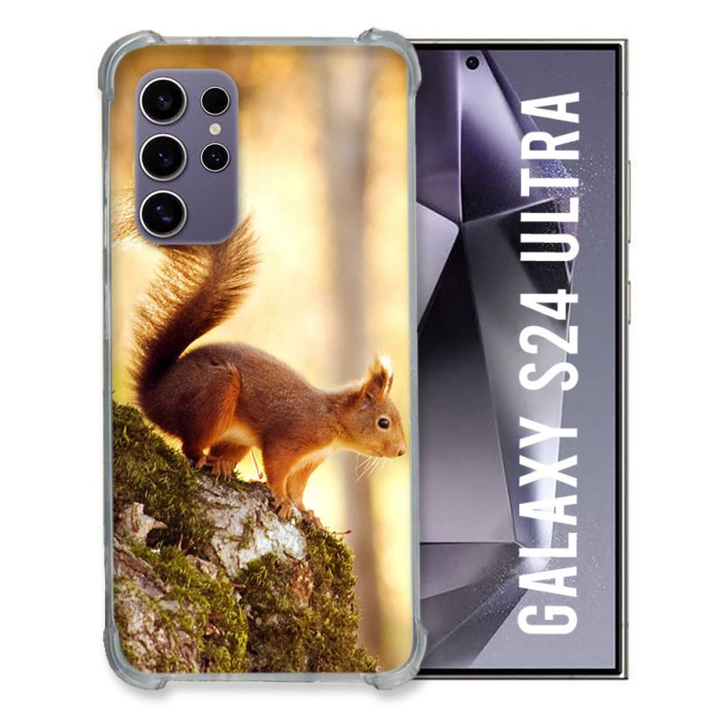 Coque Renforcée En Verre Trempé Compatible Magsafe Pour Samsung Galaxy S24 Ultra Animal Ecureuil Bois