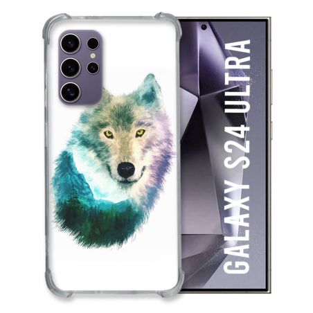 Coque Renforcée En Verre Trempé Compatible Magsafe Pour Samsung Galaxy S24 Ultra Animal Loup Montagne