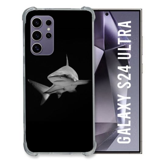 Coque Renforcée En Verre Trempé Compatible Magsafe Pour Samsung Galaxy S24 Ultra Animal Requin Sombre