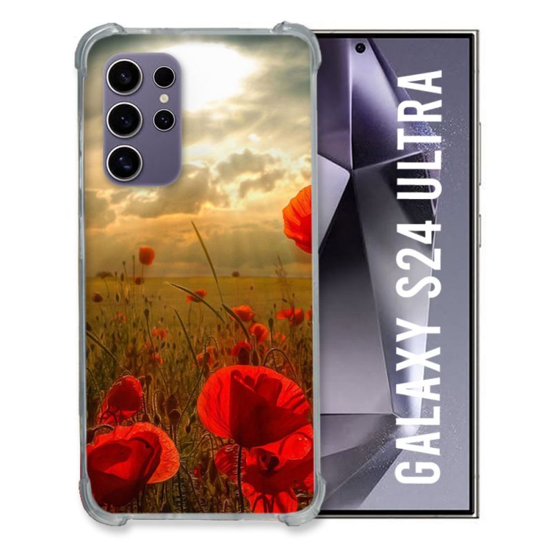 Coque Renforcée En Verre Trempé Compatible Magsafe Pour Samsung Galaxy S24 Ultra Fleur Coquelicot