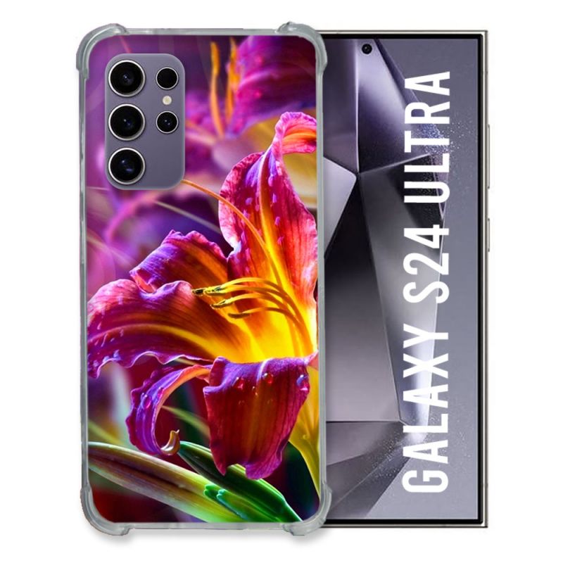 Coque Renforcée En Verre Trempé Compatible Magsafe Pour Samsung Galaxy S24 Ultra Fleur Lys Color