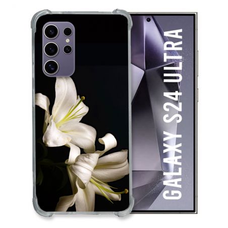 Coque Renforcée En Verre Trempé Compatible Magsafe Pour Samsung Galaxy S24 Ultra Fleur Lys Noir