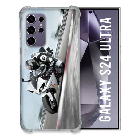 Coque Renforcée En Verre Trempé Compatible Magsafe Pour Samsung Galaxy S24 Ultra Moto Course GP Blanche