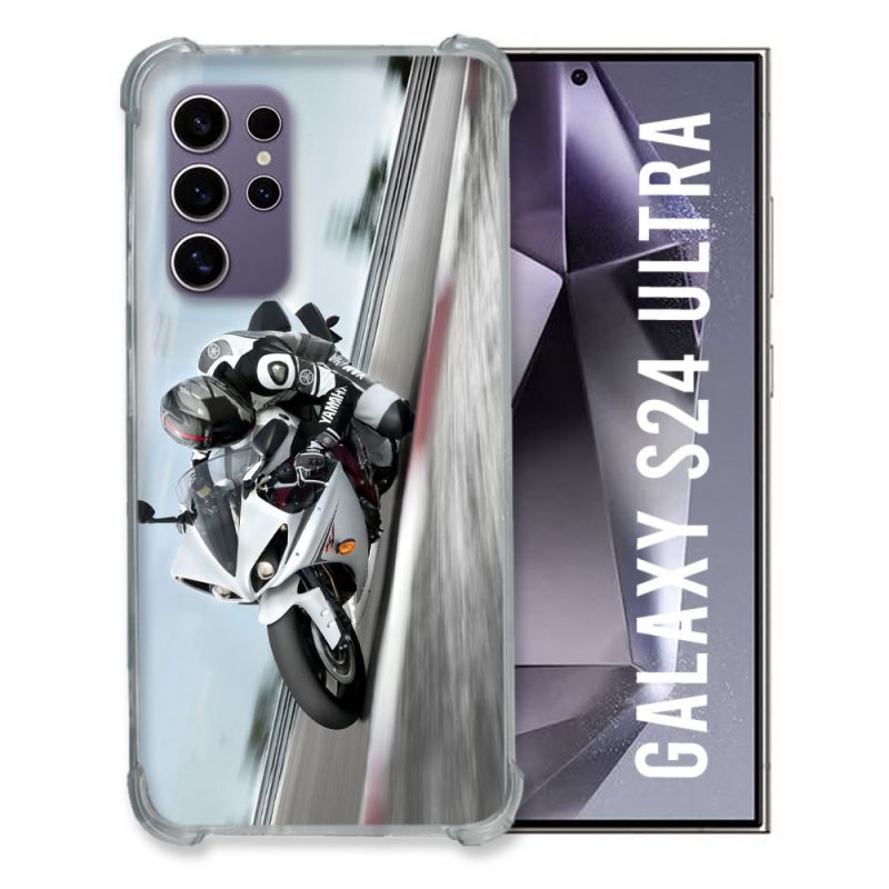 Coque Renforcée En Verre Trempé Compatible Magsafe Pour Samsung Galaxy S24 Ultra Moto Course GP Blanche