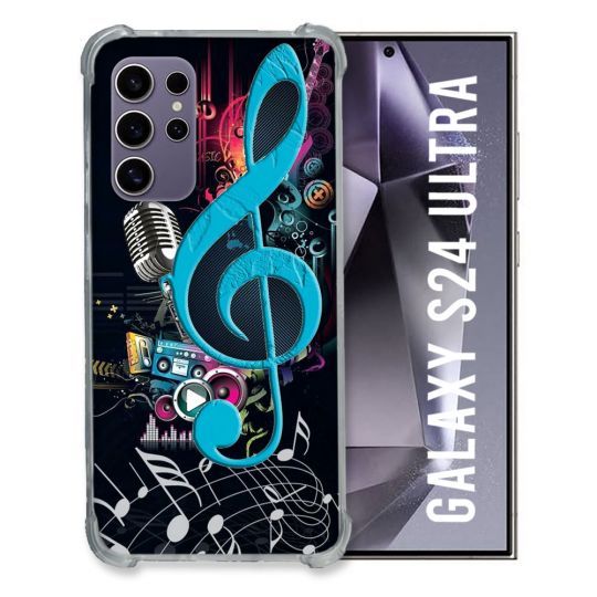 Coque Renforcée En Verre Trempé Compatible Magsafe Pour Samsung Galaxy S24 Ultra Musique Cle Sol Bleu