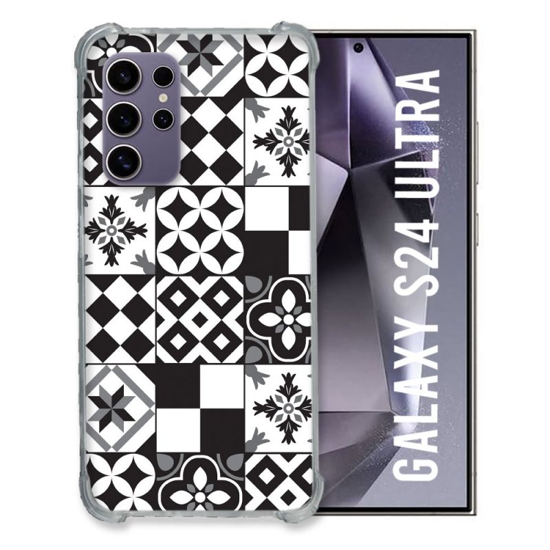 Coque Renforcée En Verre Trempé Compatible Magsafe Pour Samsung Galaxy S24 Ultra Texture Carreau Ciment Noir