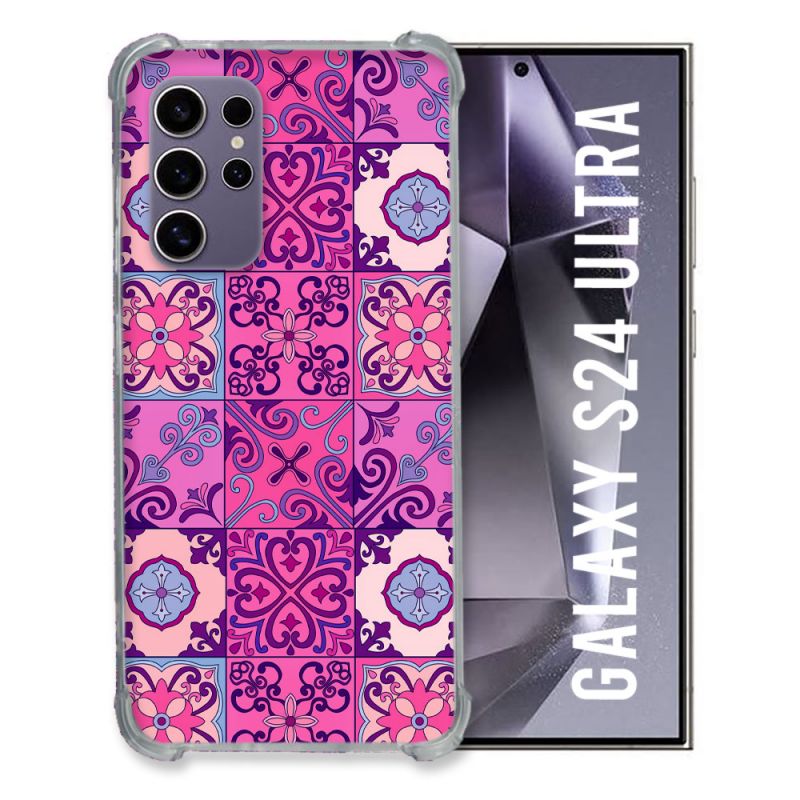 Coque Renforcée En Verre Trempé Compatible Magsafe Pour Samsung Galaxy S24 Ultra Texture Carreau Ciment Violet