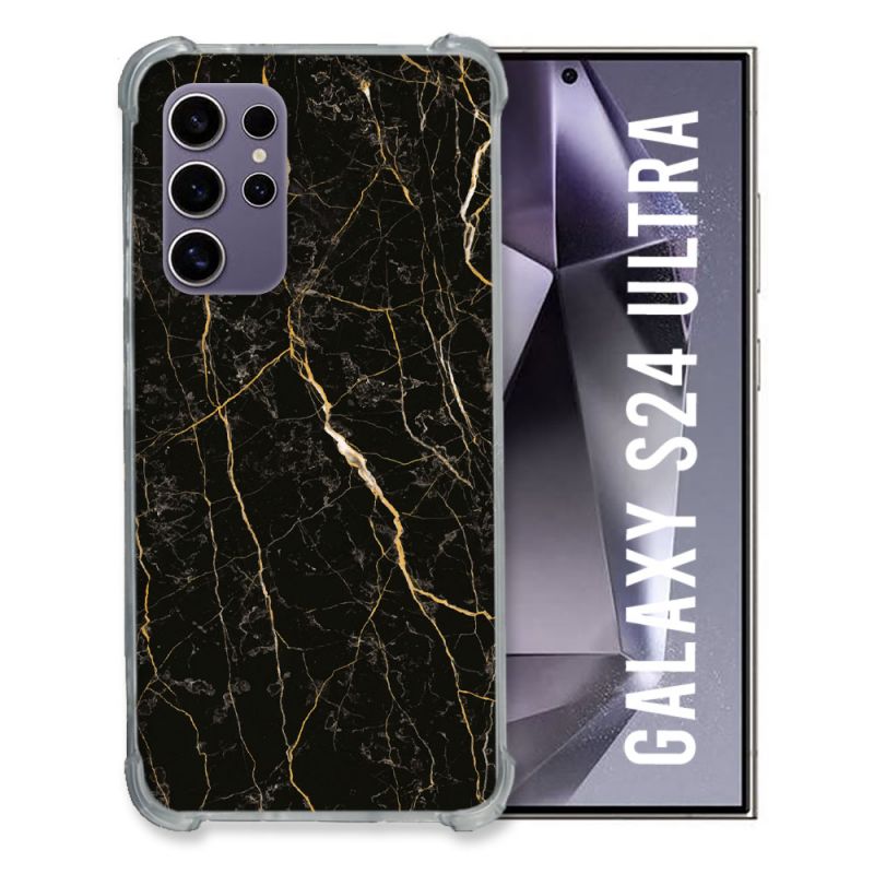 Coque Renforcée En Verre Trempé Compatible Magsafe Pour Samsung Galaxy S24 Ultra Texture Marbre Noir