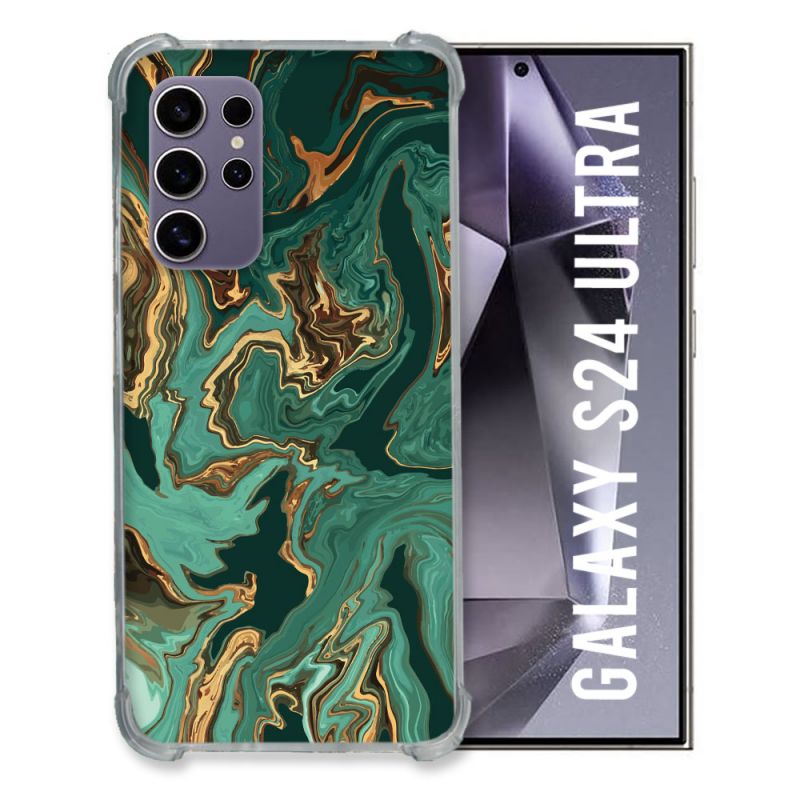 Coque Renforcée En Verre Trempé Compatible Magsafe Pour Samsung Galaxy S24 Ultra Texture Marbre Vert