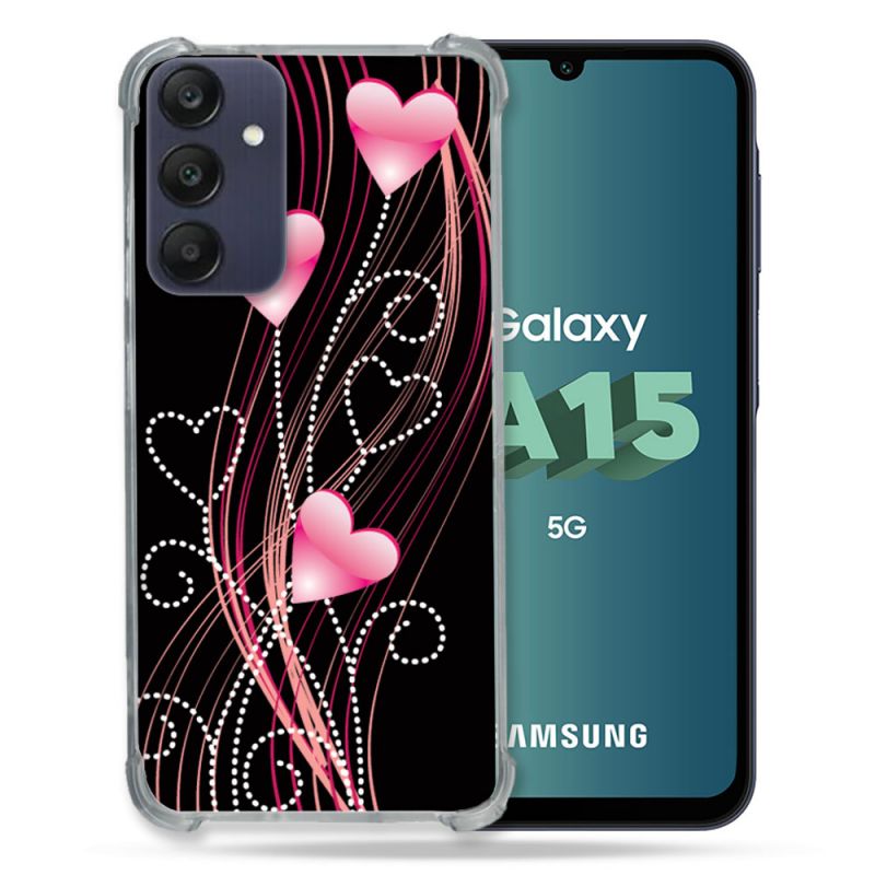 Coque Renforcée Pour Samsung Galaxy A15 4G / 5G Amour Coeur Rose Montant sur Noir