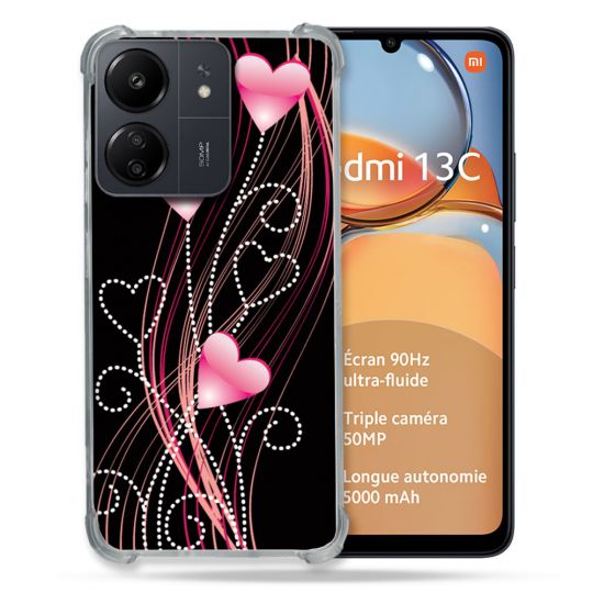 Coque Renforcé Pour Xiaomi Redmi 13C Amour Coeur Rose Montant sur Noir