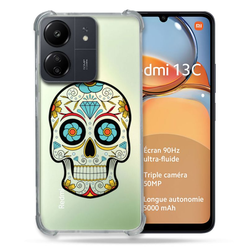 Coque Renforcé Transparente Pour Xiaomi Redmi 13C Tete Mort Color