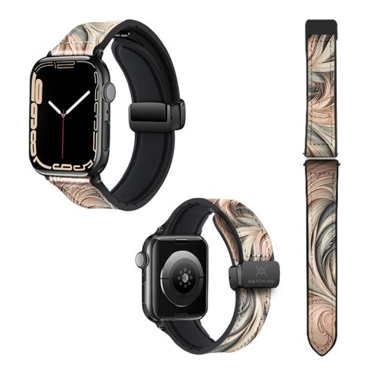 Bracelet Montre Pour Apple Iwatch 22 mm (38/40/41/42/44/45 mm)en silicone et cuir véritable : Arabesque
