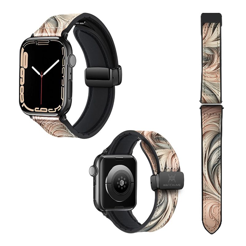 Bracelet Montre Pour Apple Iwatch 22 mm (38/40/41/42/44/45 mm)en silicone et cuir véritable : Arabesque