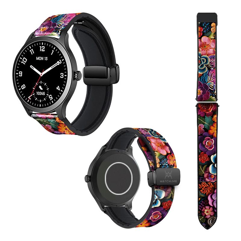 Bracelet Montre 22 mm en silicone et cuir véritable : Fleurs Colorees