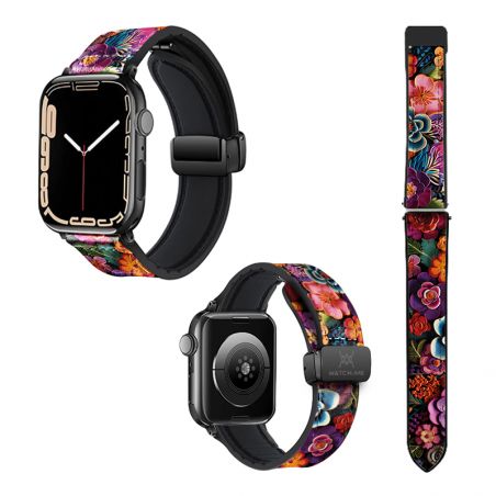 Bracelet Montre Pour Apple Iwatch 22 mm (38/40/41/42/44/45 mm)en silicone et cuir véritable : Fleurs Colorees