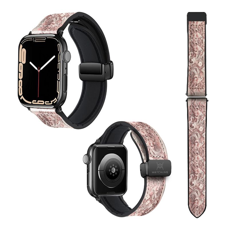 Bracelet Montre Pour Apple Iwatch 22 mm (38/40/41/42/44/45 mm)en silicone et cuir véritable : Dentelle Rose