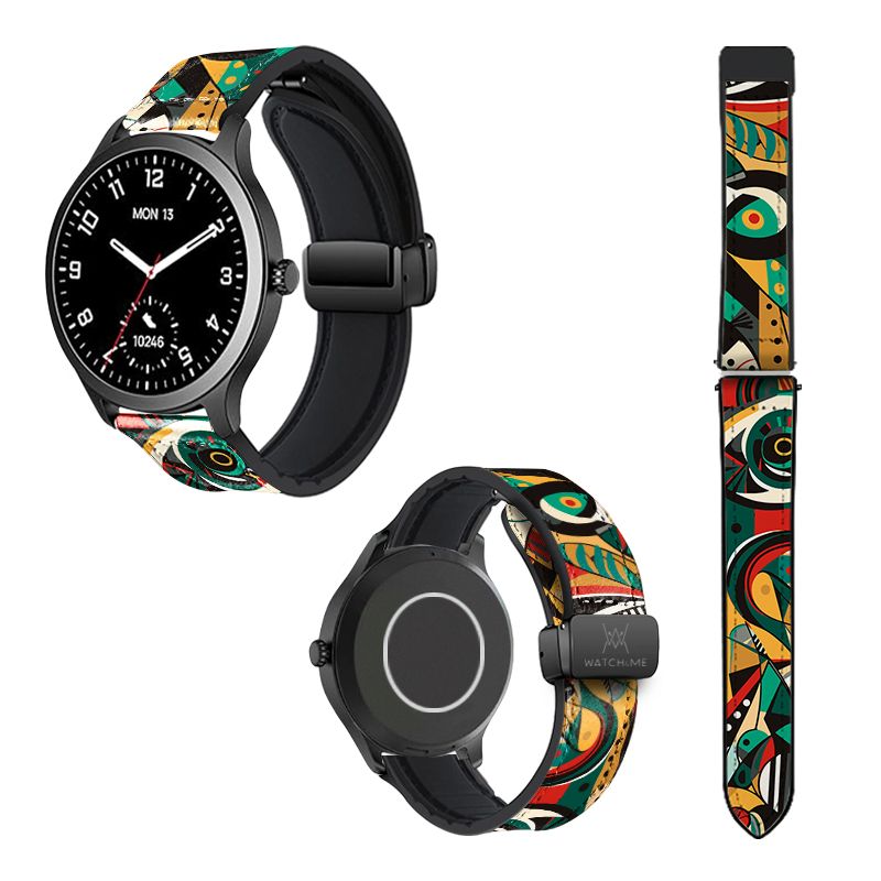 Bracelet Montre 22 mm en silicone et cuir véritable : African Pattern